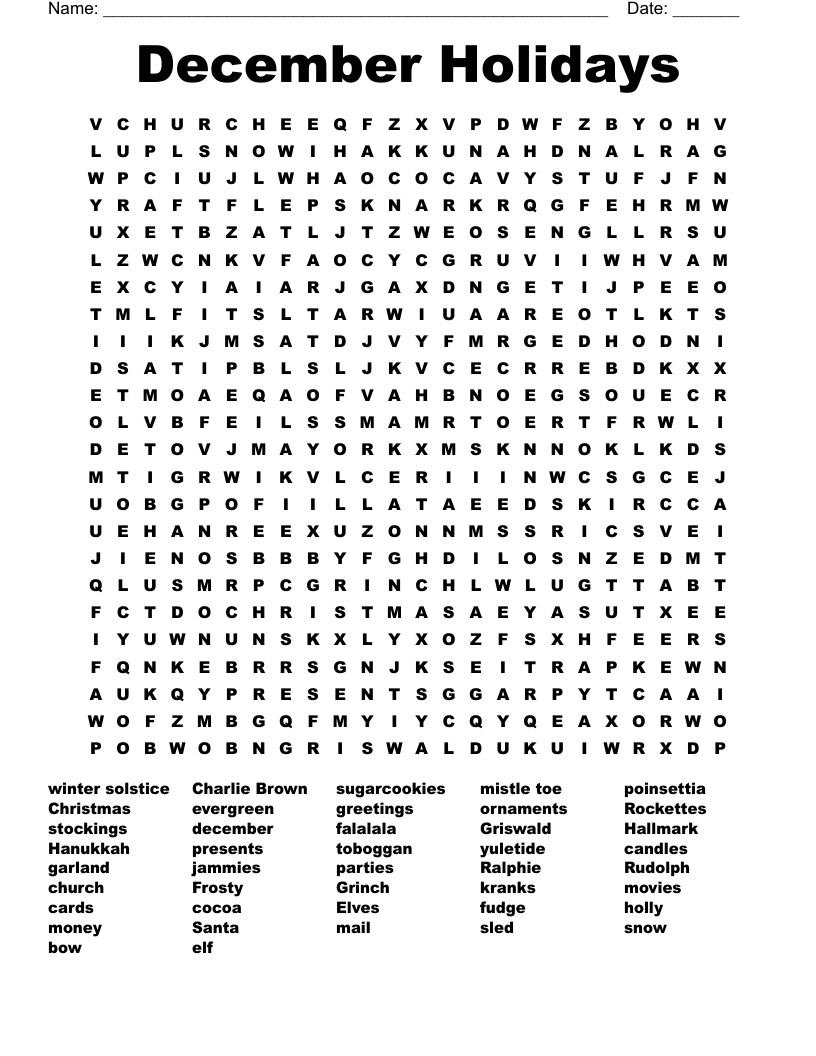 December Holidays Word Search