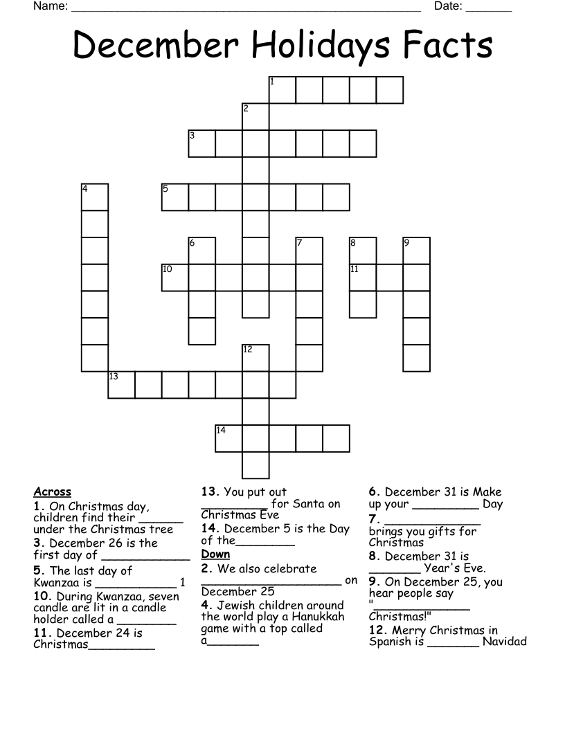 December Holidays Facts Crossword