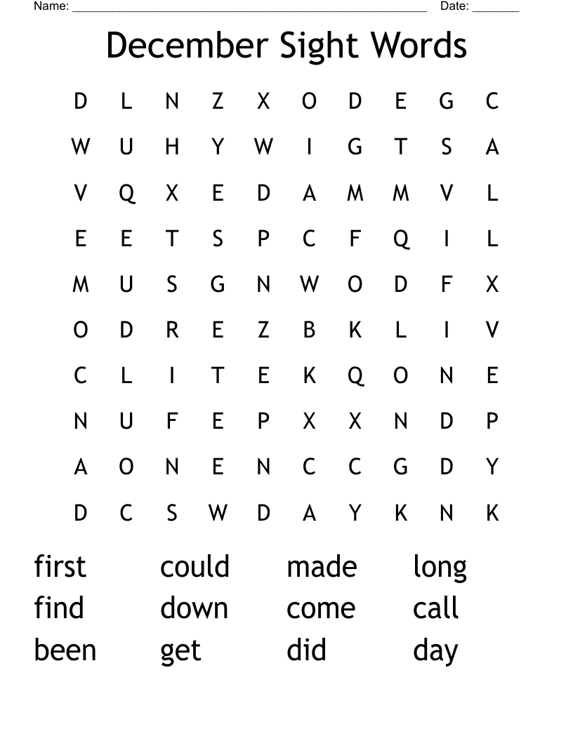 December Sight Words Word Search