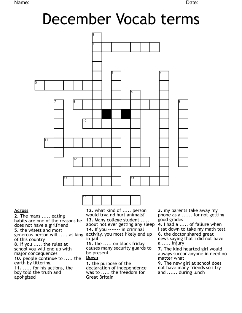 December Vocab terms  Crossword