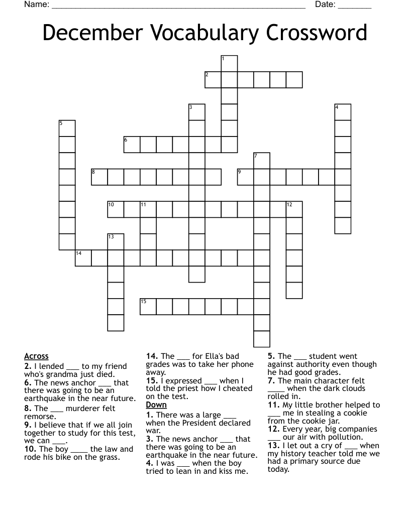 December Vocabulary Crossword