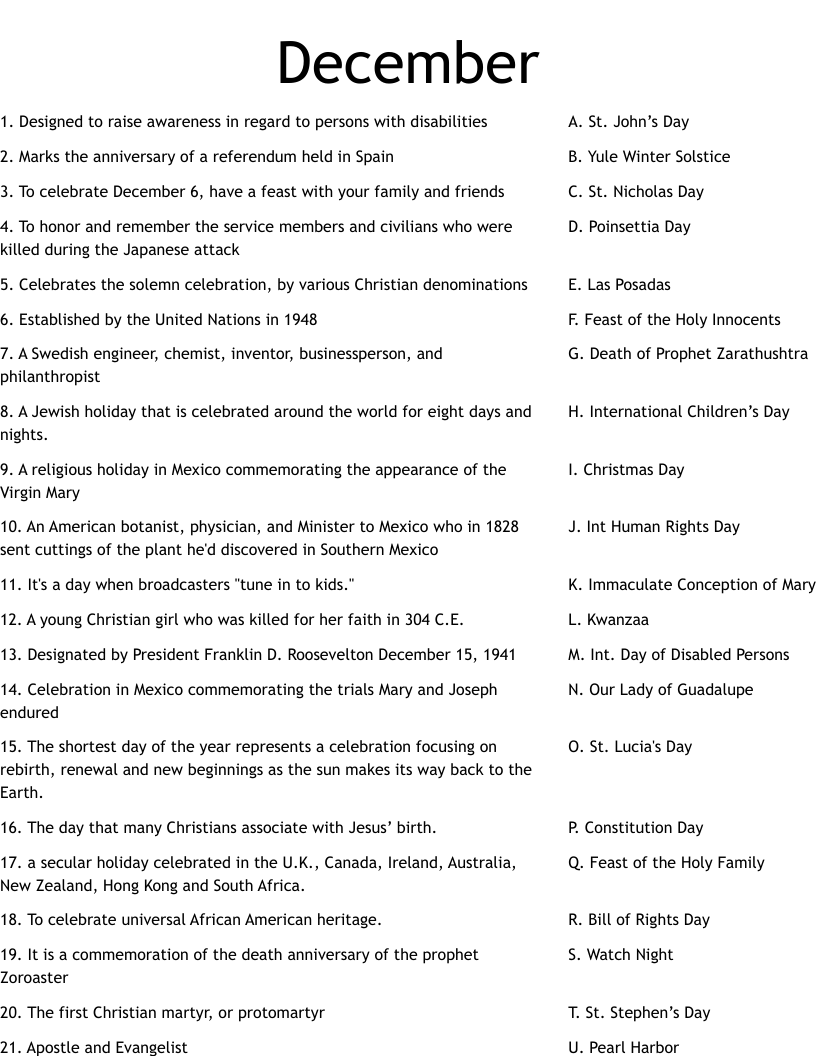 December  Worksheet