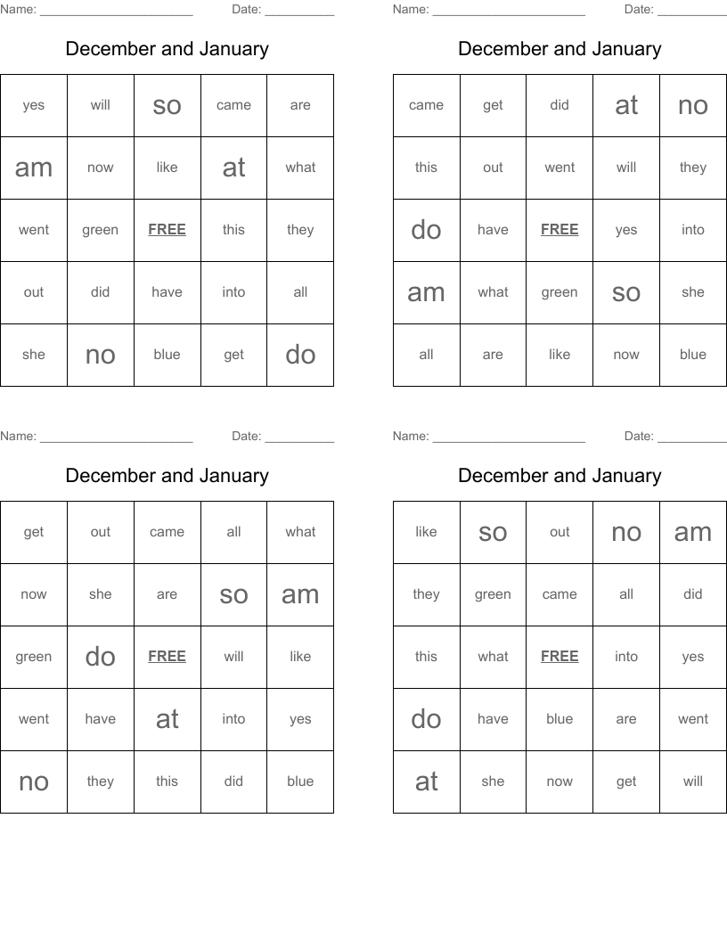 December and January Bingo Cards