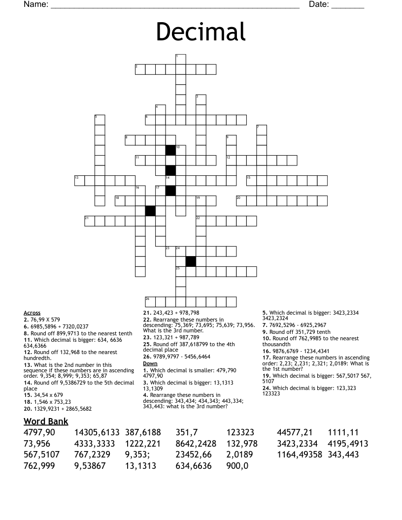 Decimal Crossword