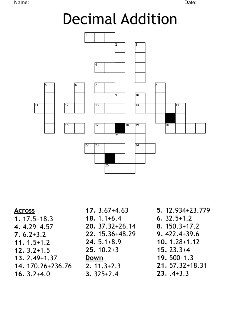 Decimal Addition  Crossword