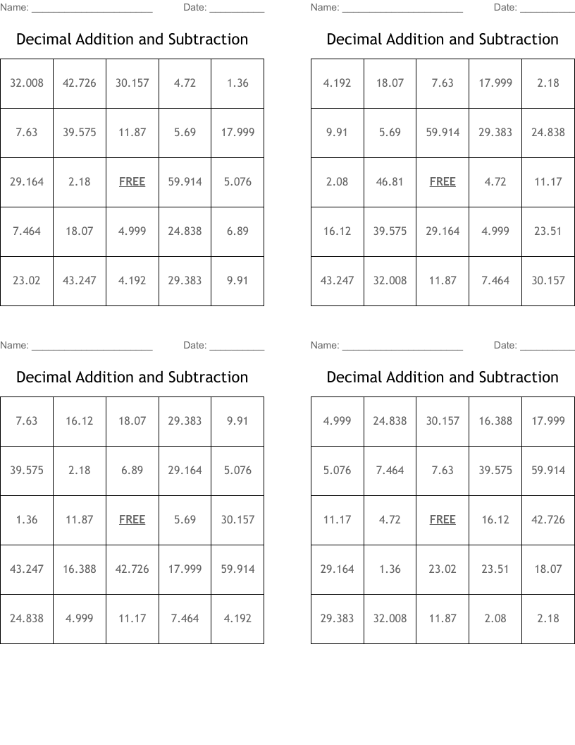 Decimal Addition and Subtraction Bingo Cards