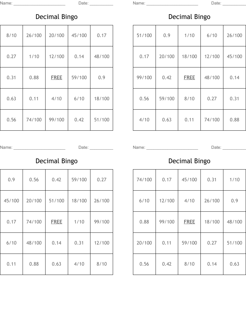 Decimal Bingo