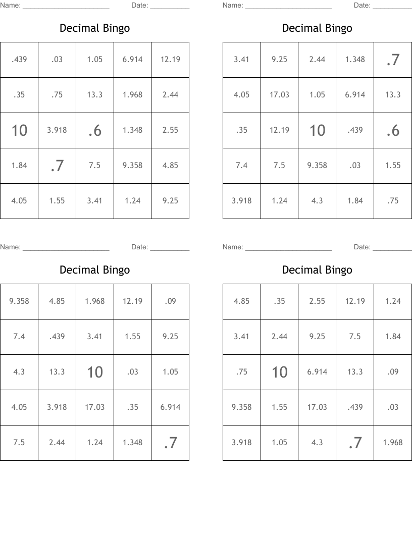 Decimal Bingo