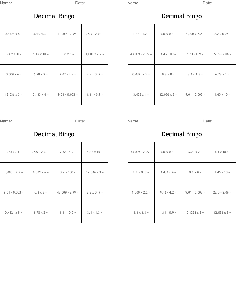 Decimal Bingo