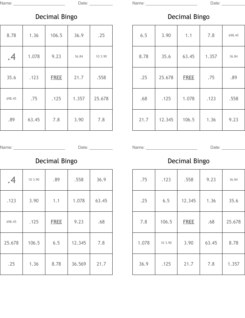 Decimal Bingo