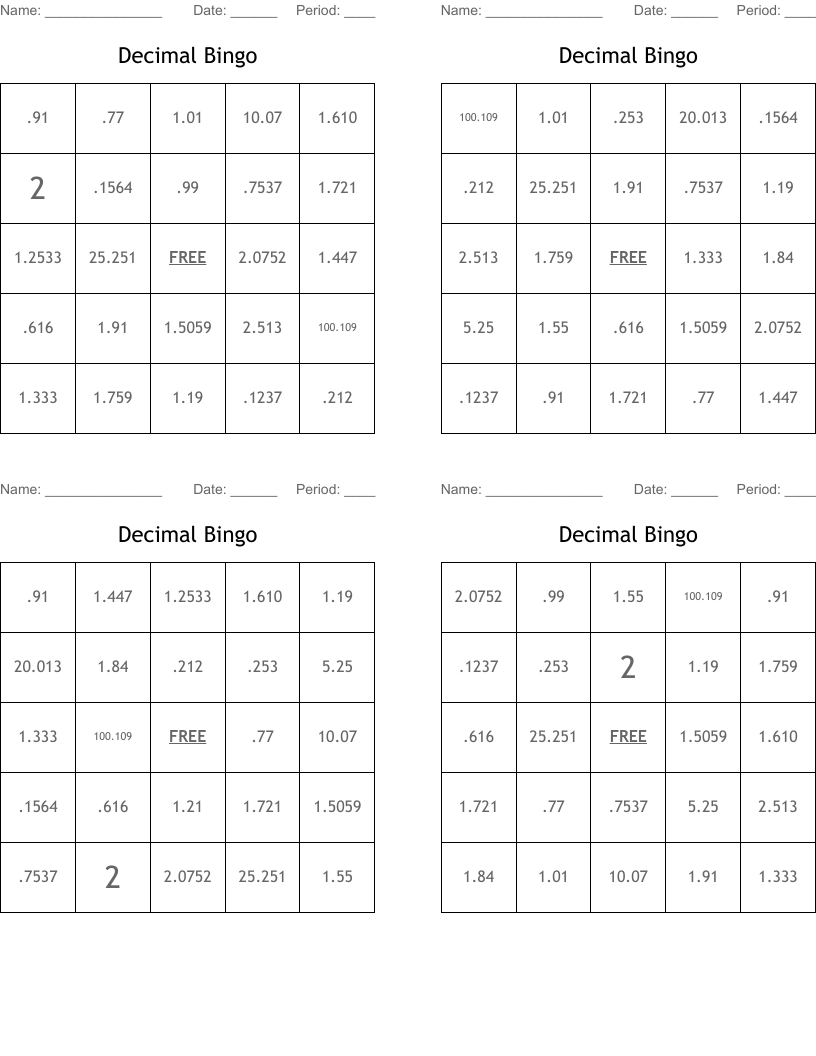 Decimal Bingo