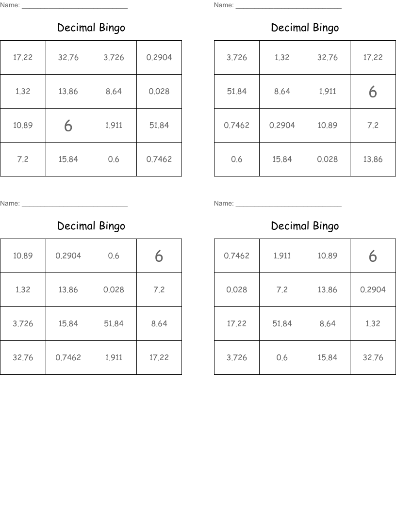 Decimal Bingo 