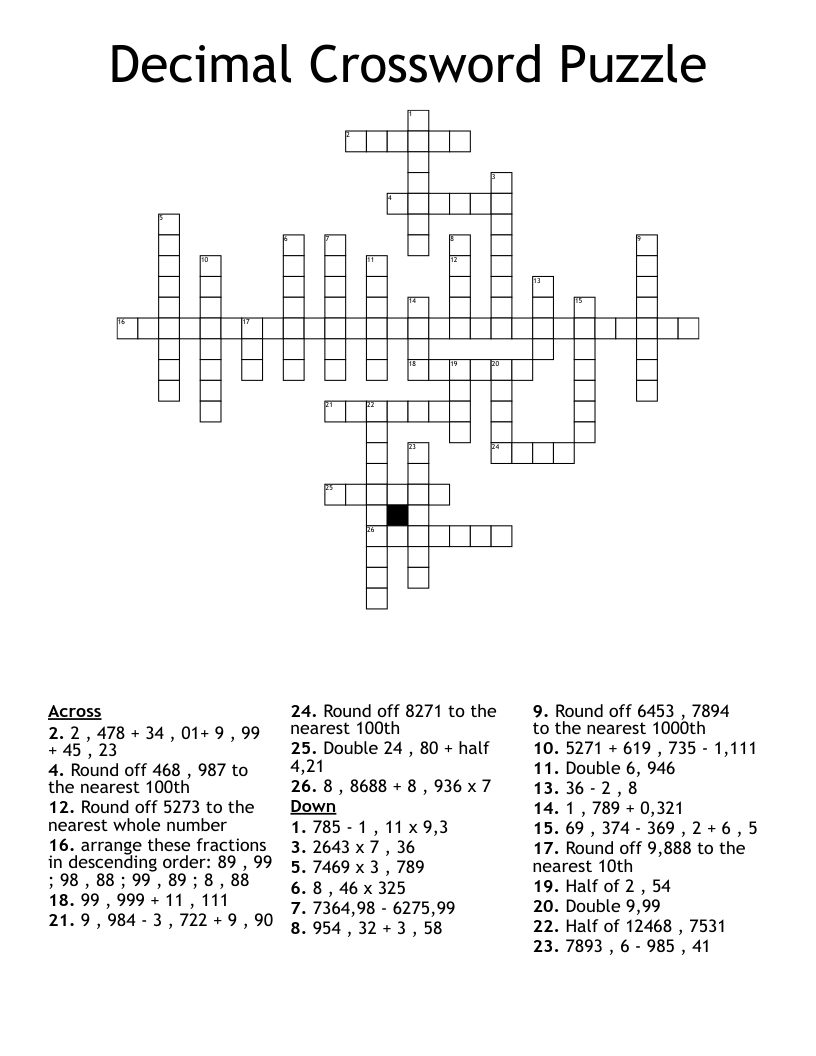 Decimal Crossword Puzzle 