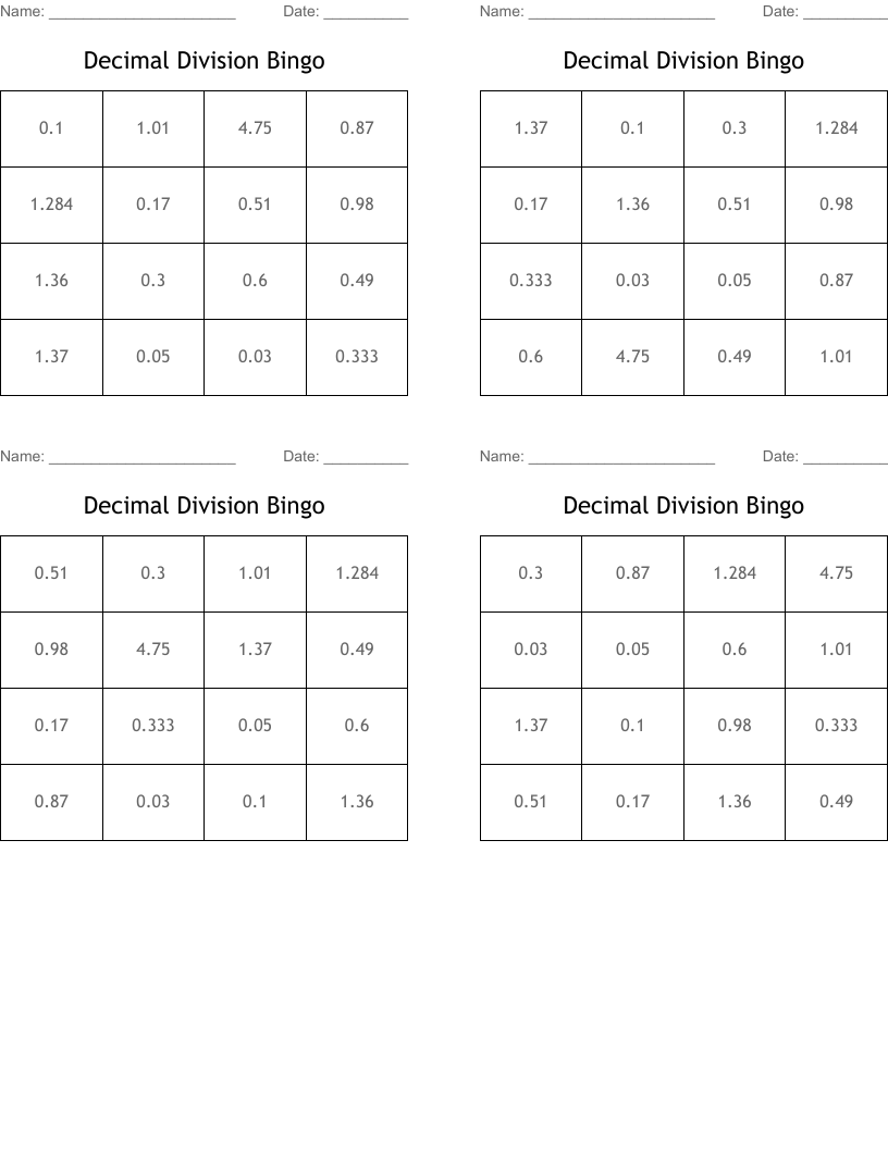 Decimal Division Bingo 