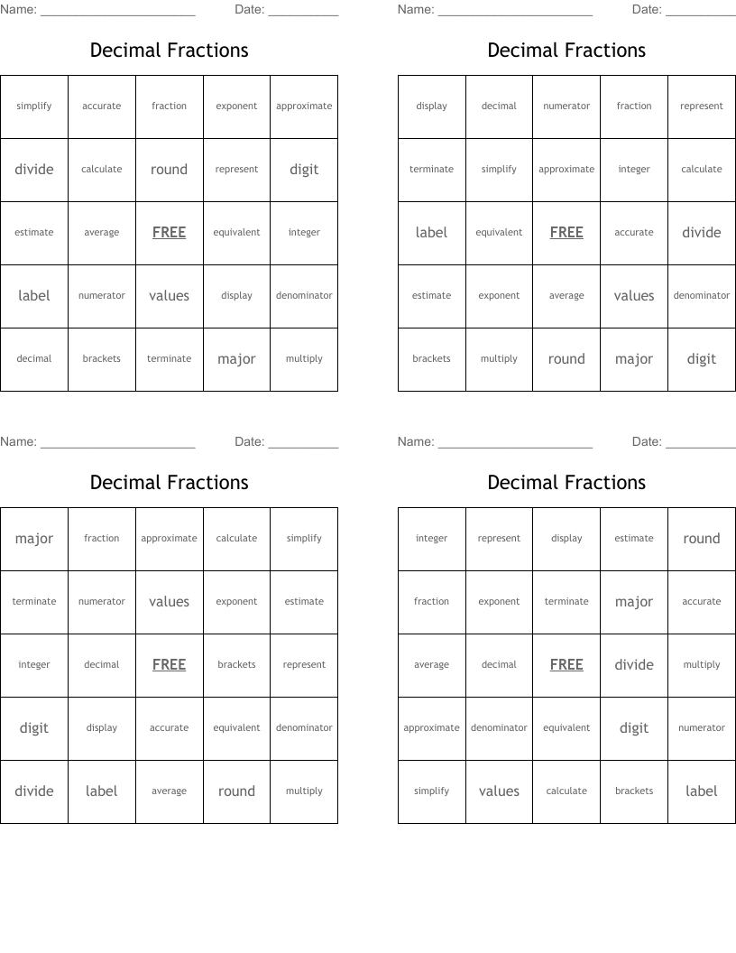 Decimal Fractions Bingo Cards