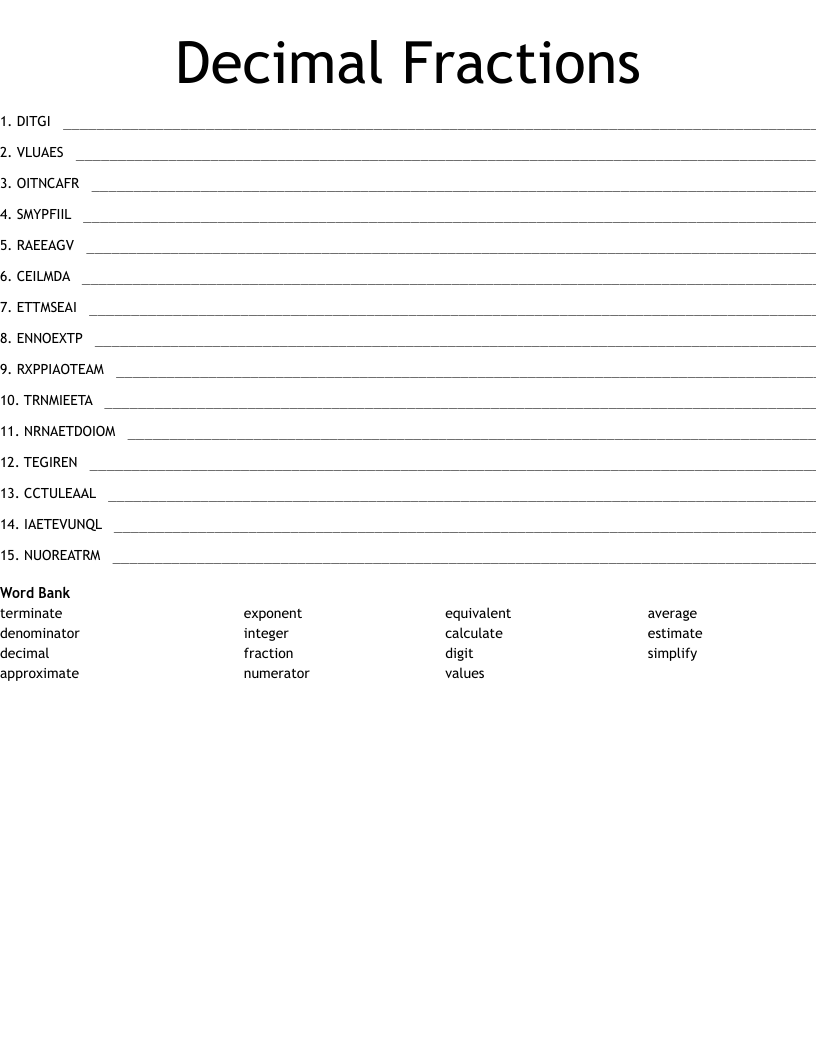 Decimal Fractions Word Scramble