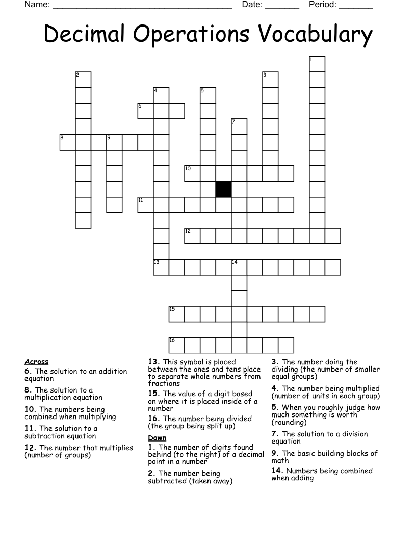 Decimal Operations Vocabulary Crossword