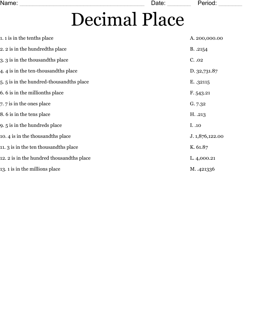Decimal Place Worksheet