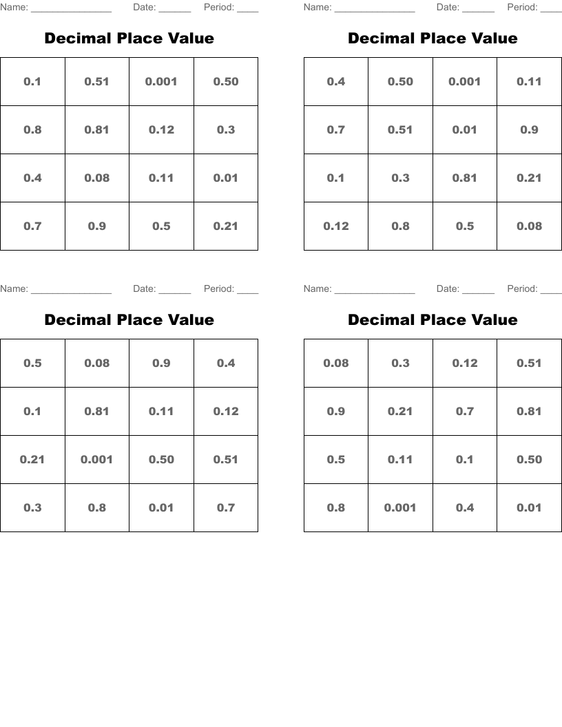 Decimal Place Value  Bingo Cards