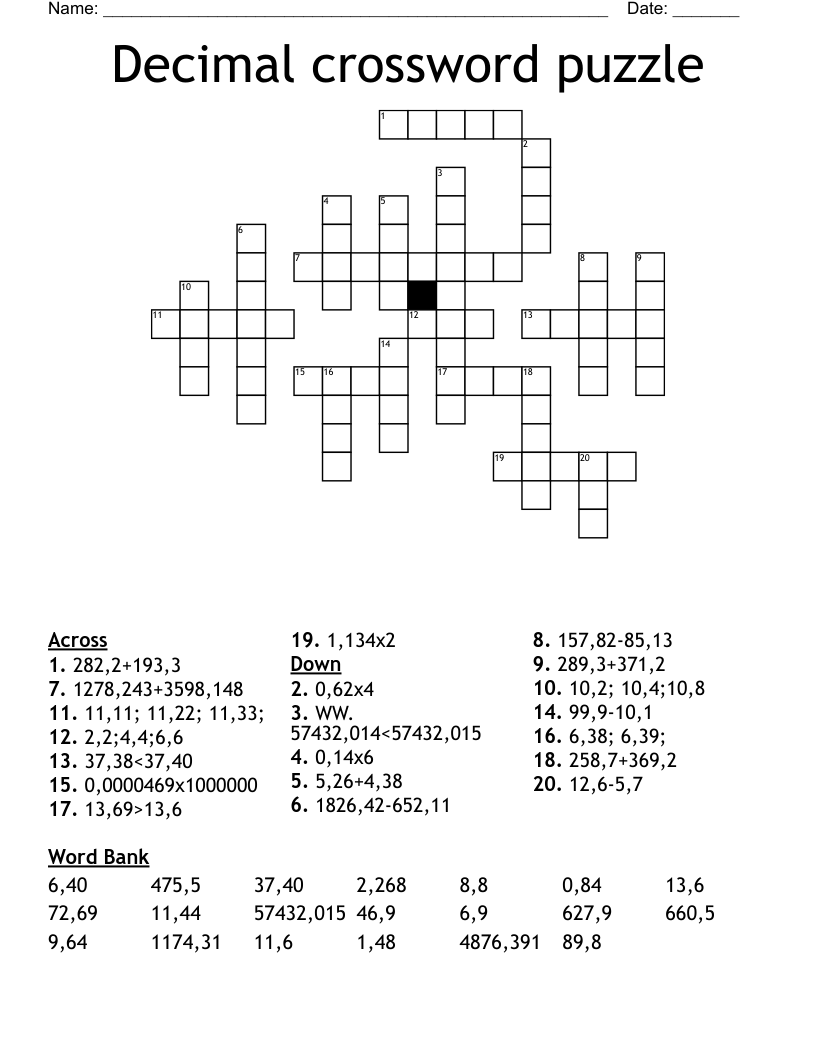 Decimal crossword puzzle 