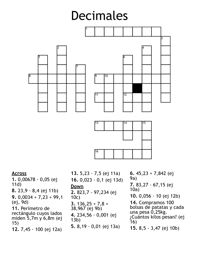 Decimales Crossword