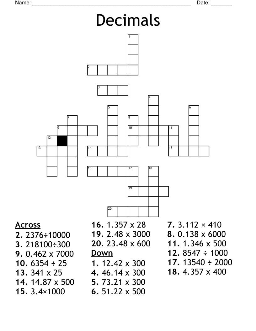 Decimals Crossword
