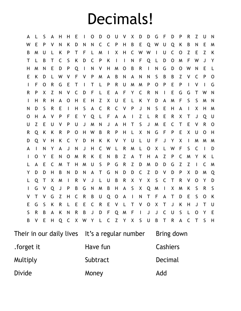 Decimals! Word Search