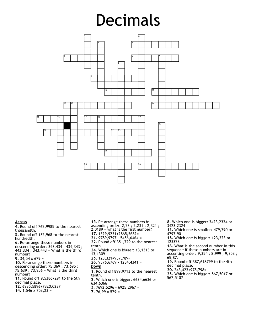 Decimals Crossword