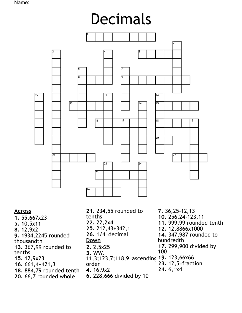 Decimals Crossword