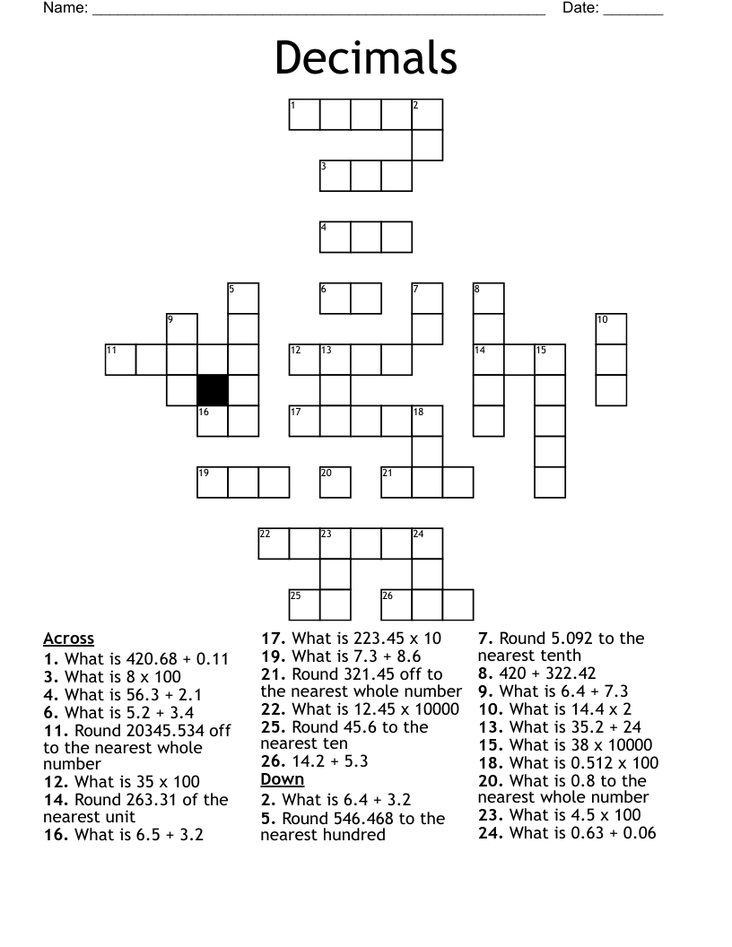 Decimals Crossword
