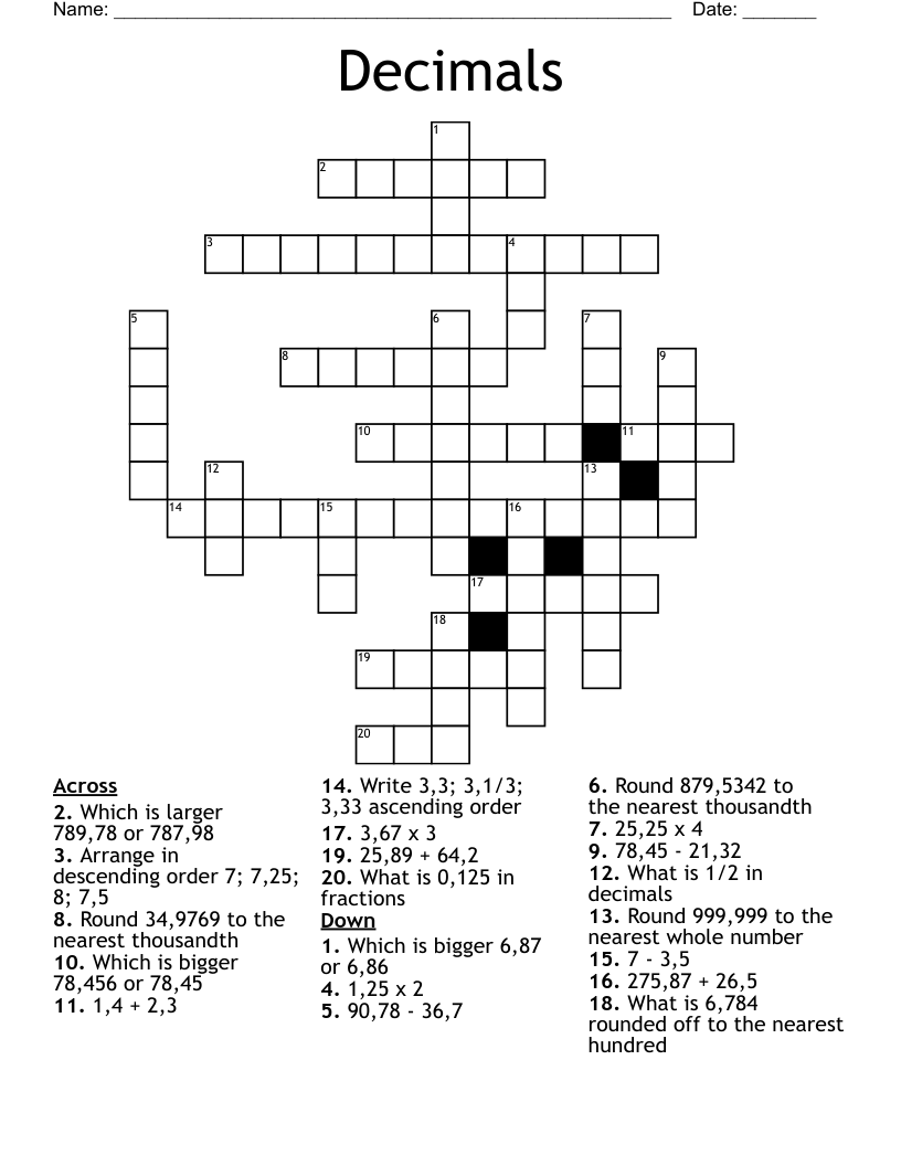 Decimals Crossword