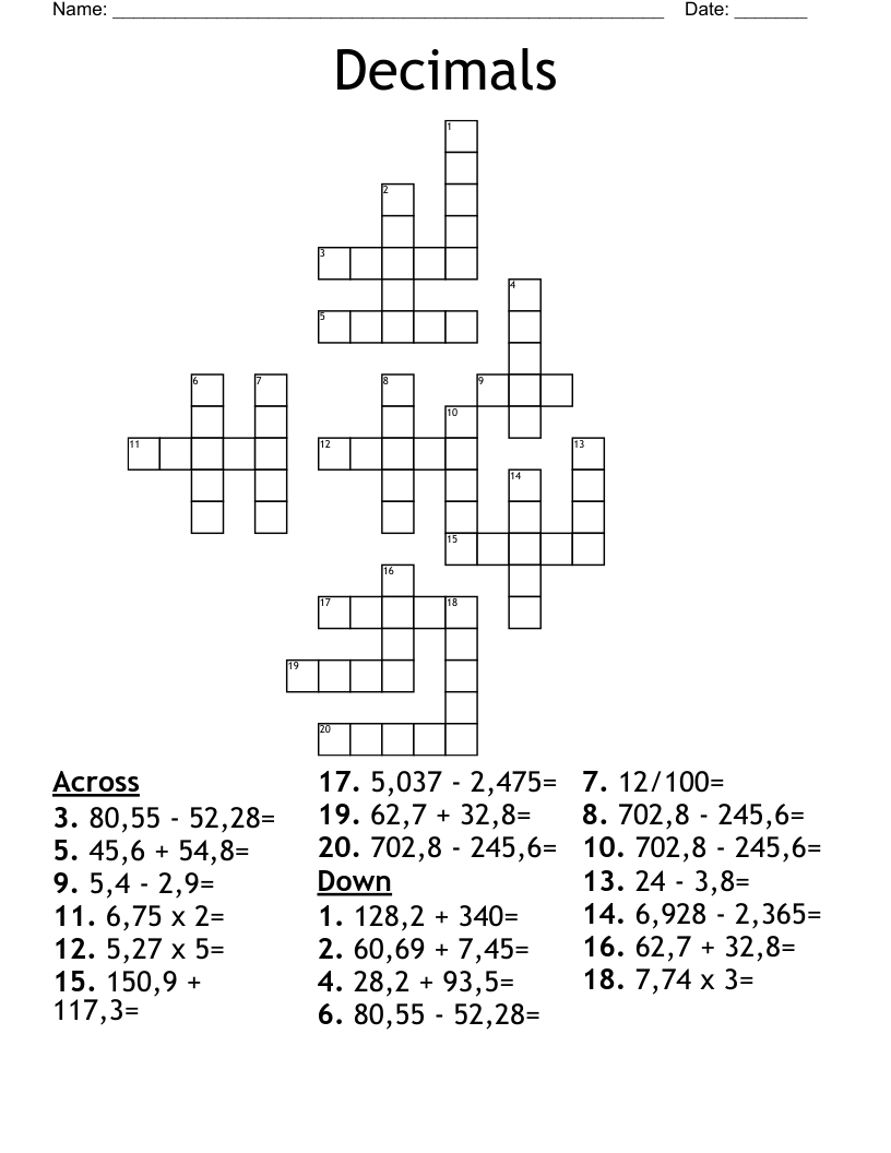 Decimals Crossword