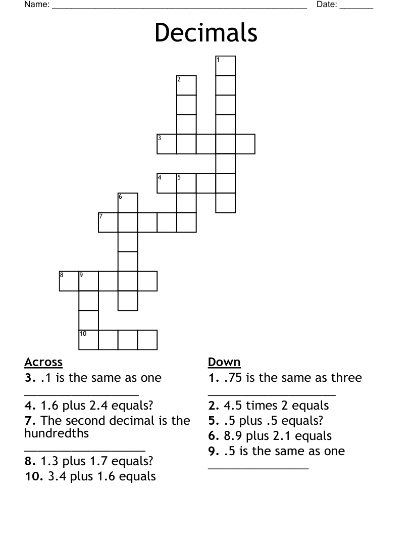 Decimals Crossword