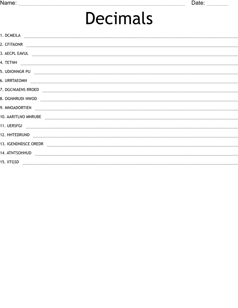 Decimals Word Scramble