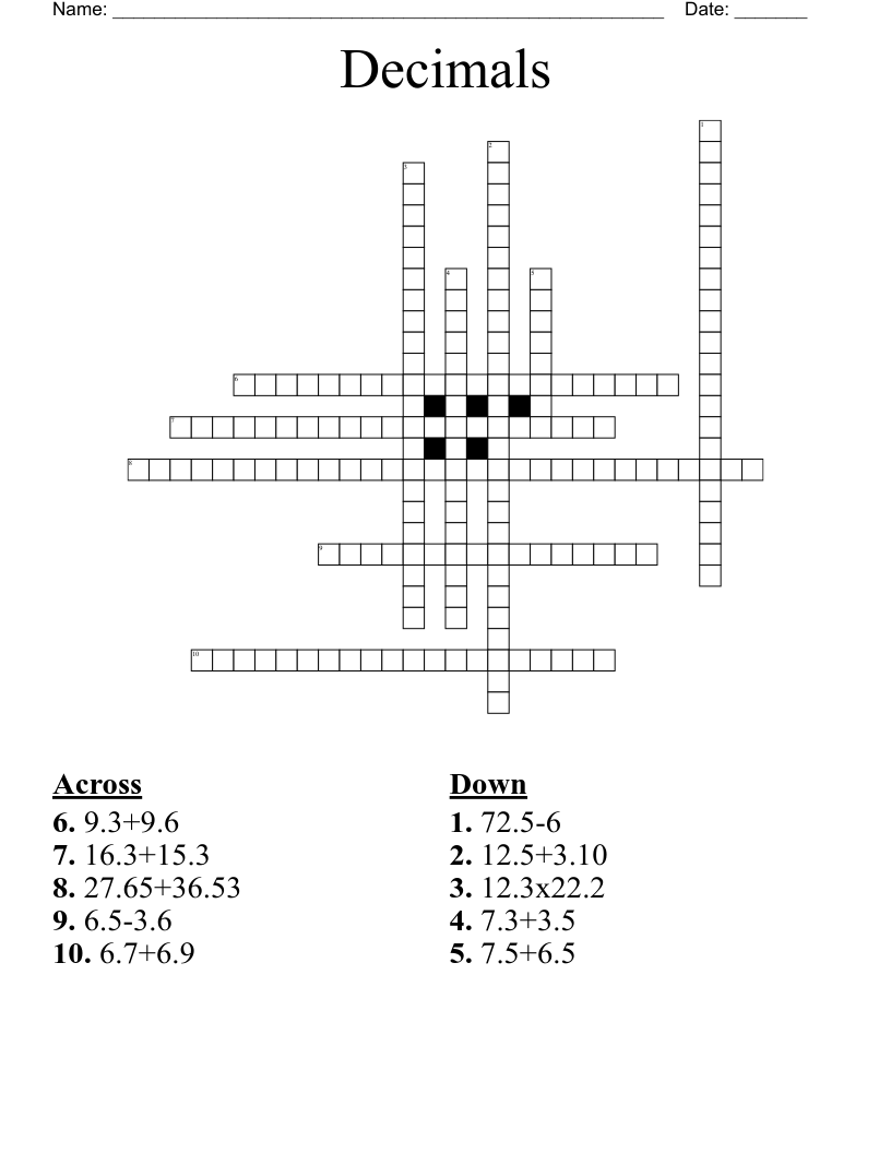 Decimals Crossword