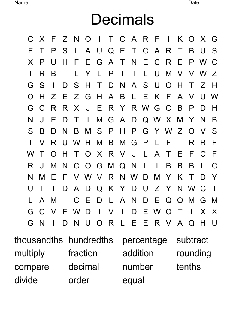 Decimals Word Search