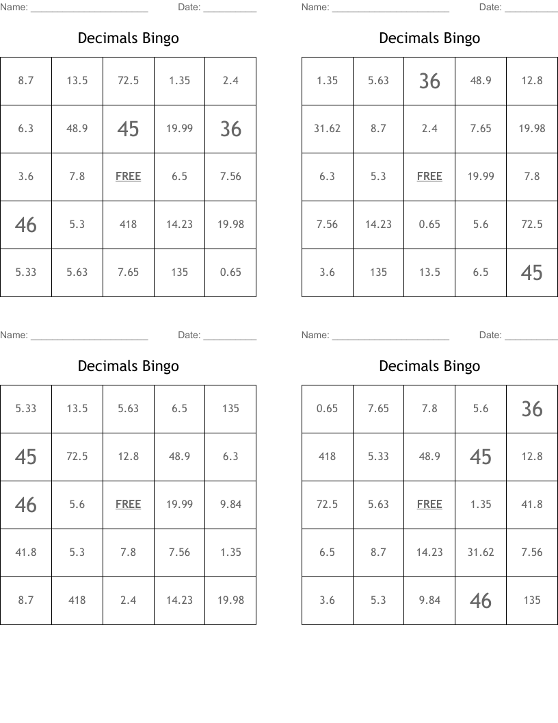 Decimals Bingo