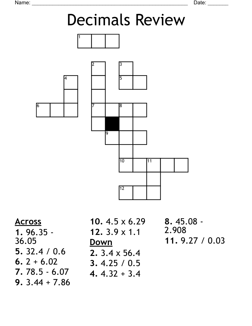 Decimals Review  Crossword