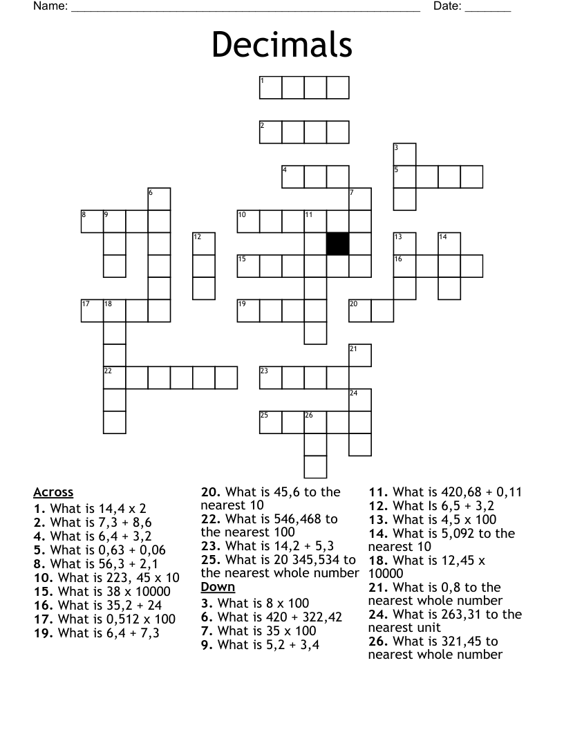 Decimals  Crossword