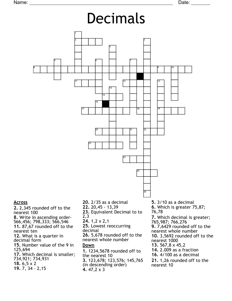 Decimals  Crossword
