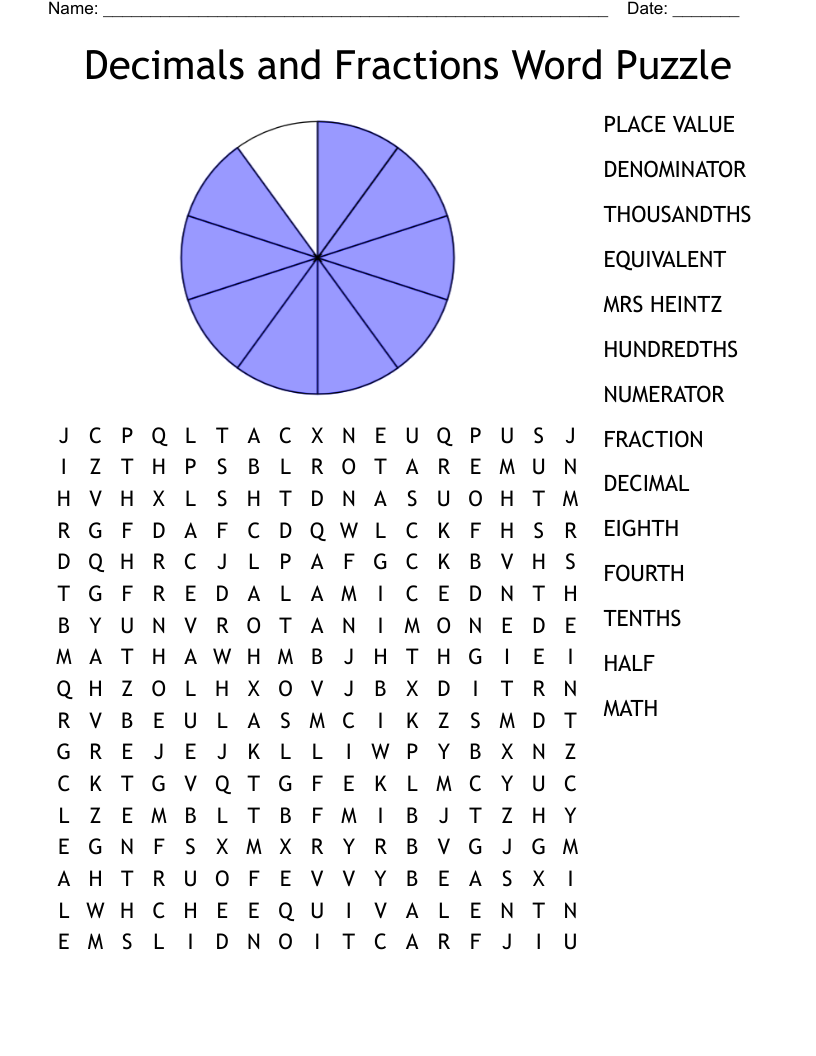 Decimals and Fractions Word Puzzle Word Search