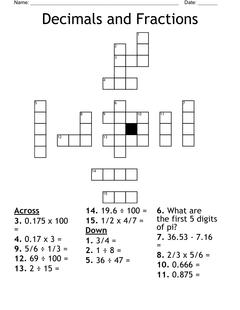 Decimals and Fractions  Crossword