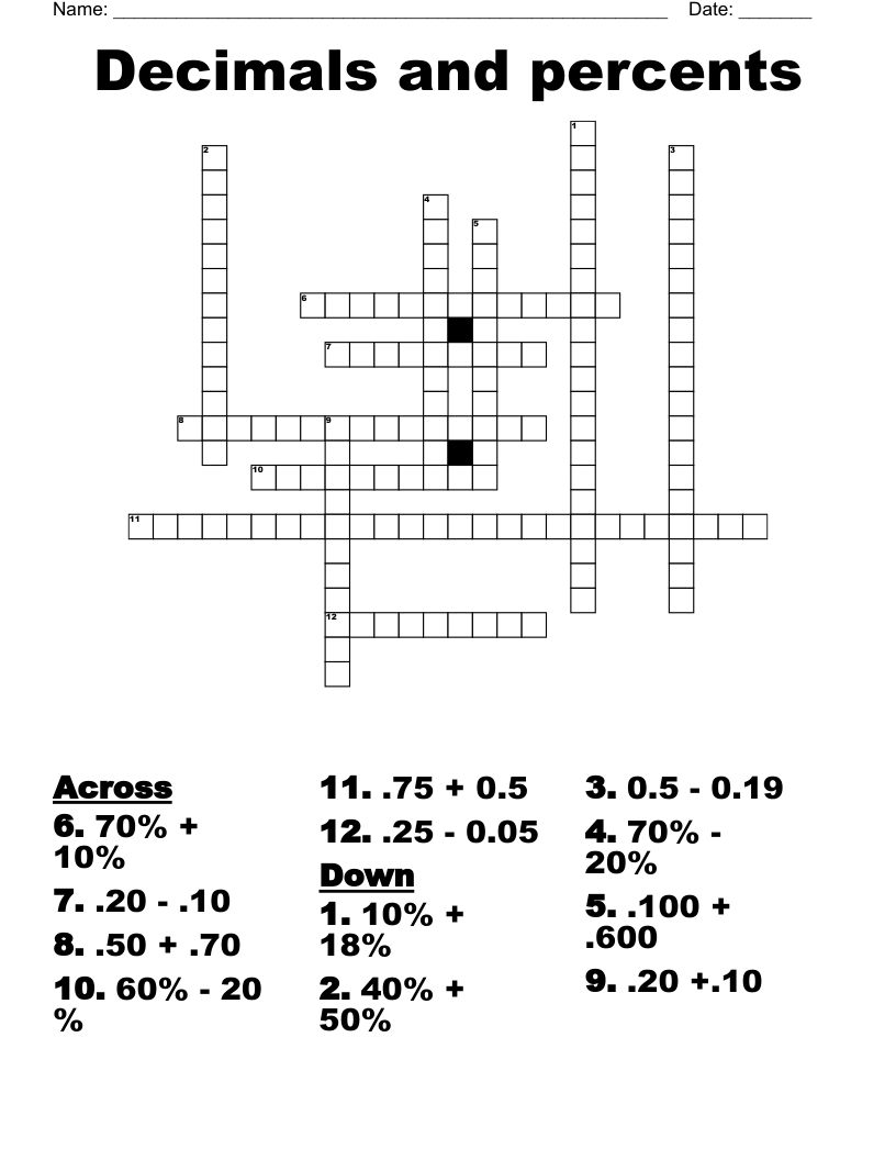 Decimals and percents Crossword