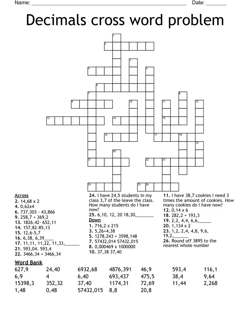 Decimals cross word problem