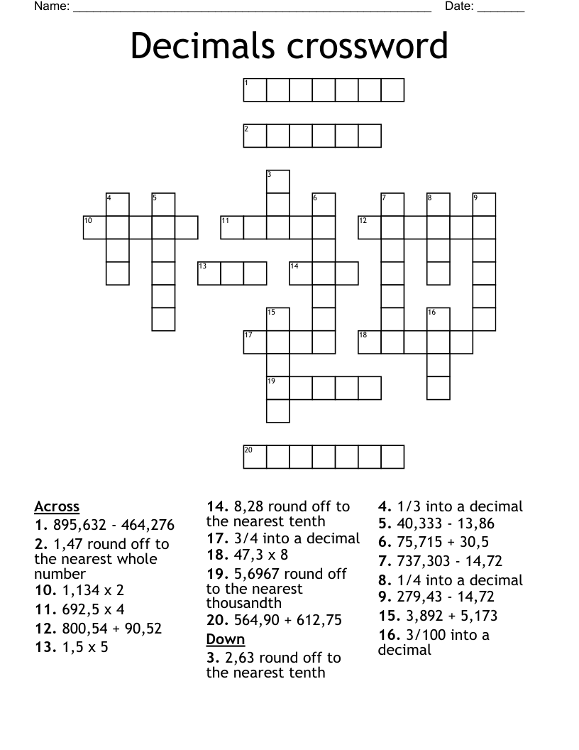Decimals crossword 