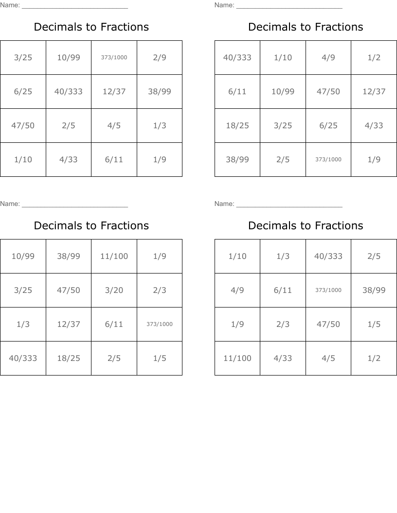 Decimals to Fractions Bingo Cards