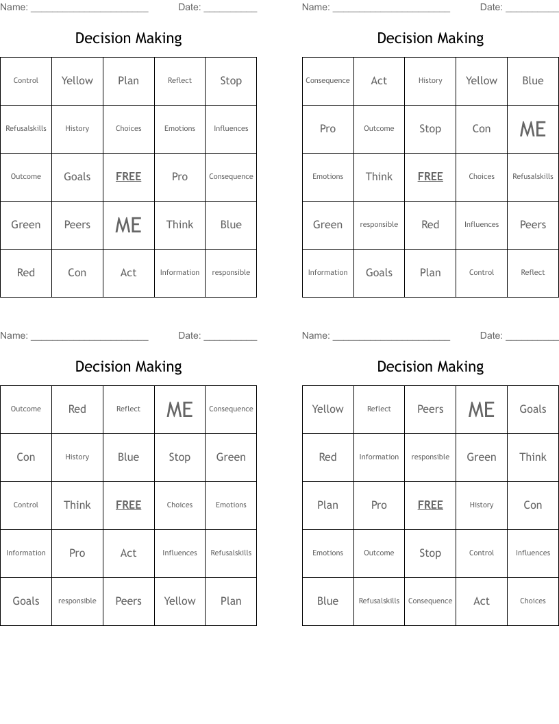 Decision Making Bingo Cards