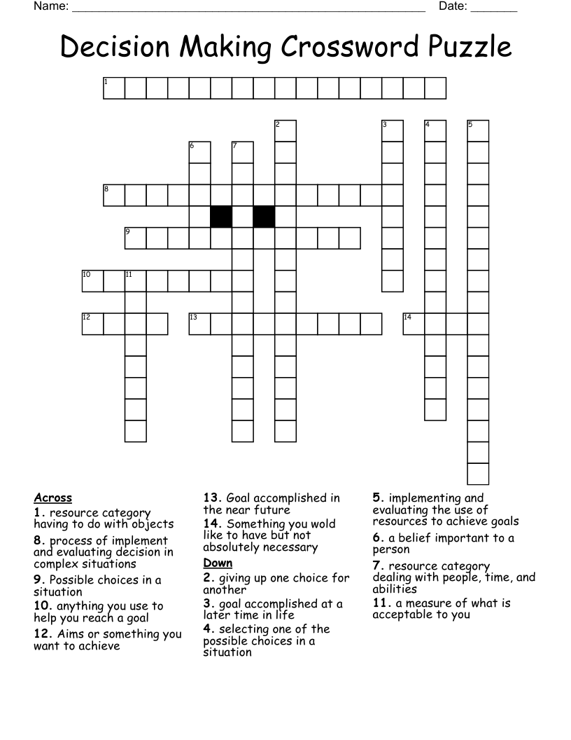 Decision Making Crossword Puzzle