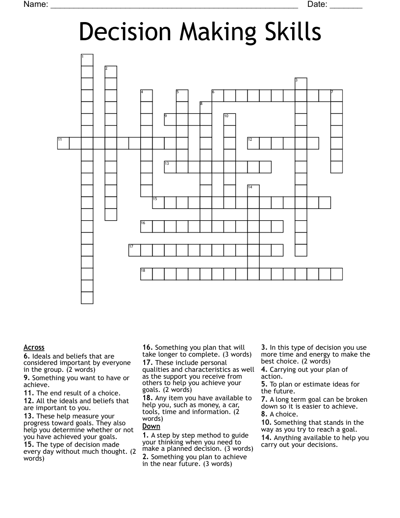 Decision Making Skills Crossword