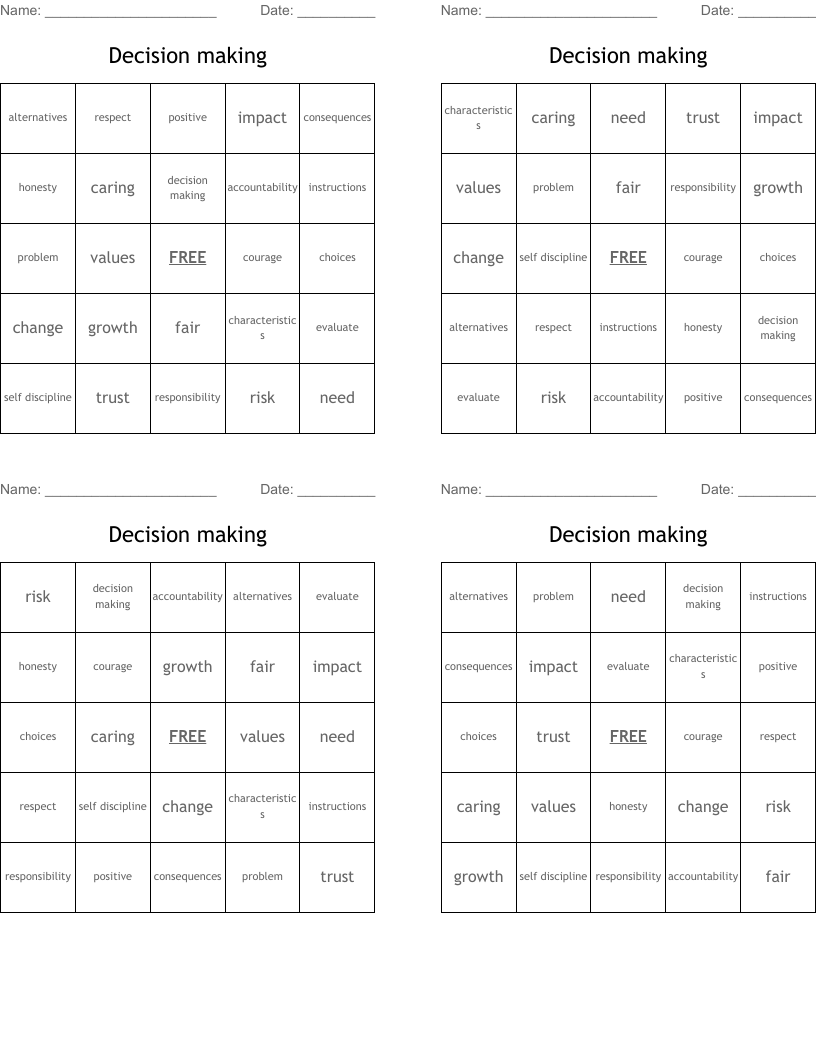 Decision making Bingo Cards